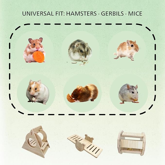 Poplar Wood Hamster Toys Set: Triangle Swing, Frog Seesaw & Bell Roller - Chewable Cage Decor for Dwarf/Syrian Hamsters, Gerbils, Mice (秋千、响铃、跷跷板、)