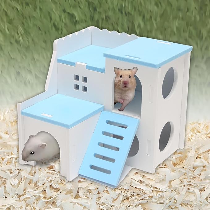 Blue Wooden Hamster Maze & Double-Decker Hut with Fun Slide - for Dwarf Hamsters, Mice, Gerbils, All Small Pets
