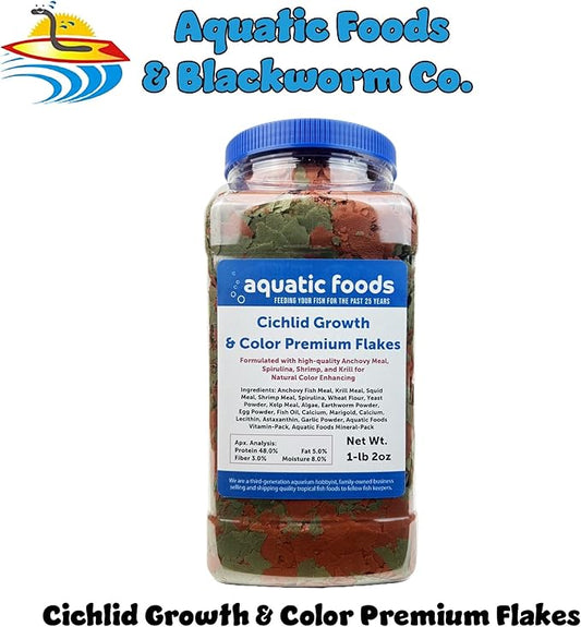 Aquatic Foods Inc. Premium Cichlid Growth and Color Enhancing Flakes with Spirulina, Color Enhancing Astaxanthin Also Pellet Mix, Wafer Mix Included…1-lb 2oz