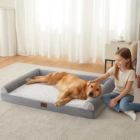 WNPETHOME Orthopedic Dog Beds for Extra Large Dogs, Waterproof Memory Foam XL Pet Bed with Sides, Non-Slip and Egg-Crate Foam Big Dog Couch Bed with Washable Removable Cover, Grey