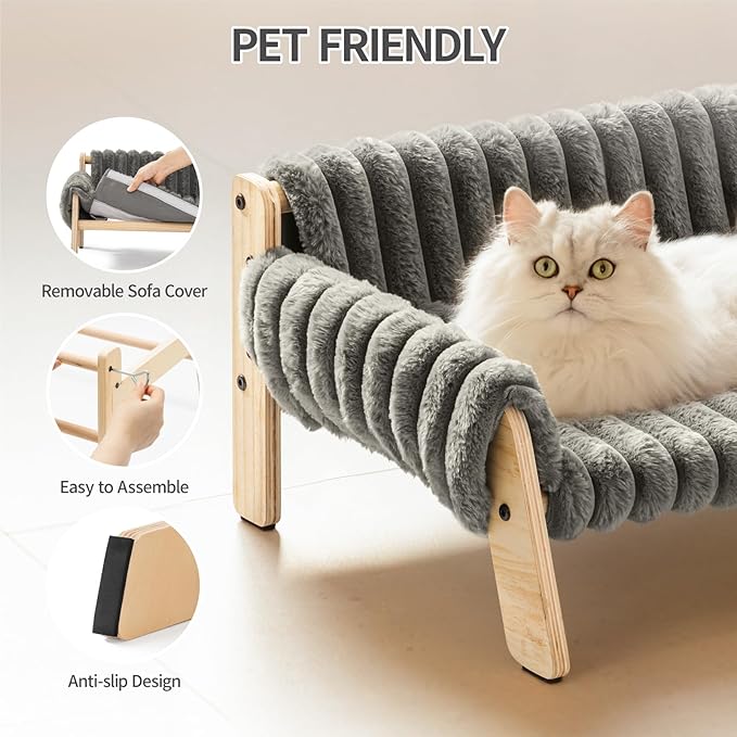 MEWOOFUN Cat Couch Bed, Pet Sofa for Indoor Cats Wooden Indoor Elevated Cat Beds with Removable Mattress Cover Suitable for Kitty, Puppy or Small Animal (Dark Grey, Medium)