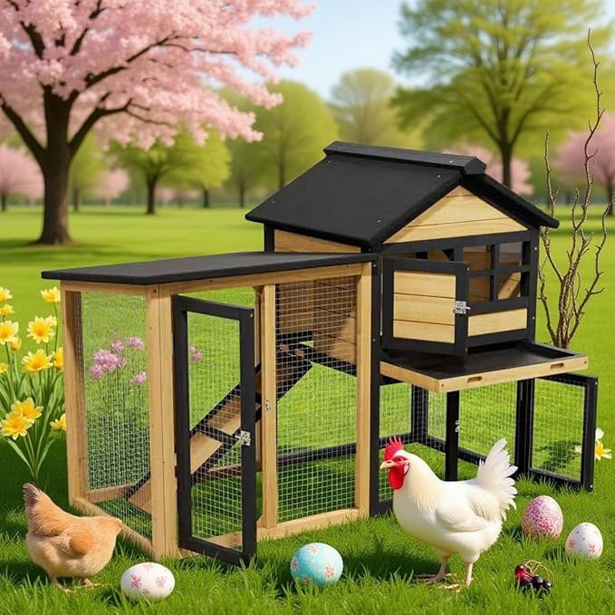 Bunny Cage Premium Rabbit Hutch with Leak-Proof Roof, 2-Story Bunny House for Guinea Pigs & Hamster,Wooden Chicken House with Deep Pull-Out Tray, Waterproof Chicken Coop for Outside (Yellow Black)