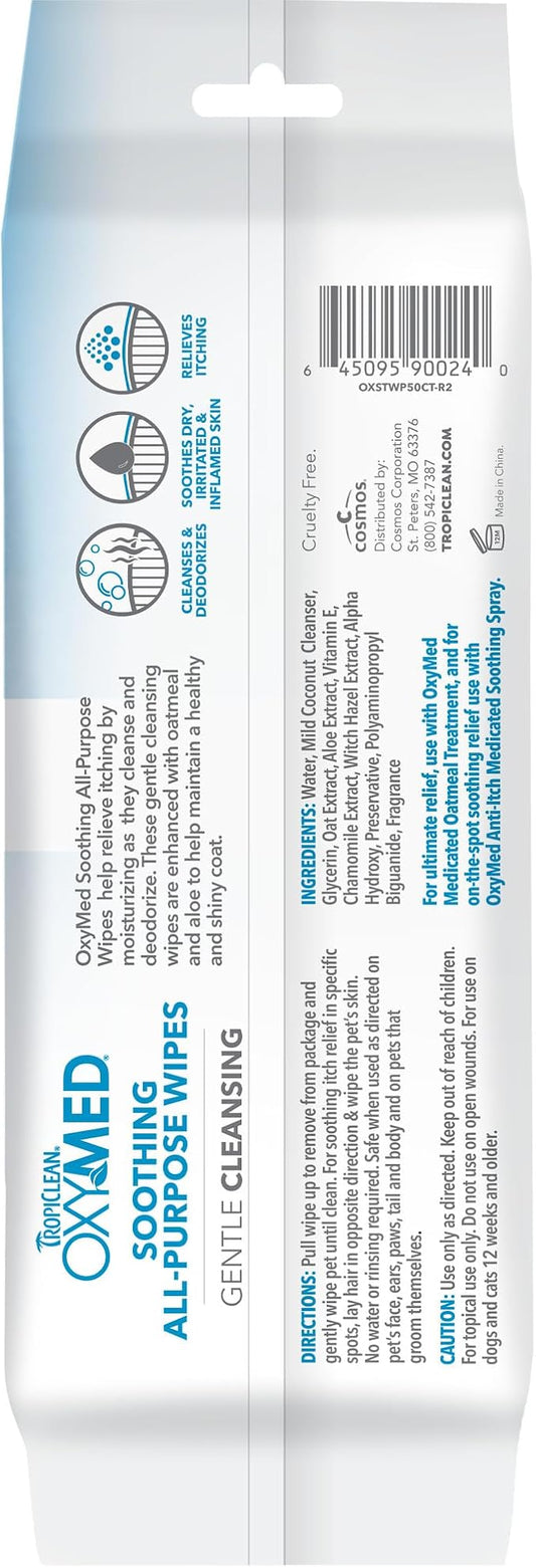 TropiClean Oxymed Soothing Allover Cat & Dog Wipes For Paws And Butt | Anti Itch Relief For Dogs & Cats 50 Count