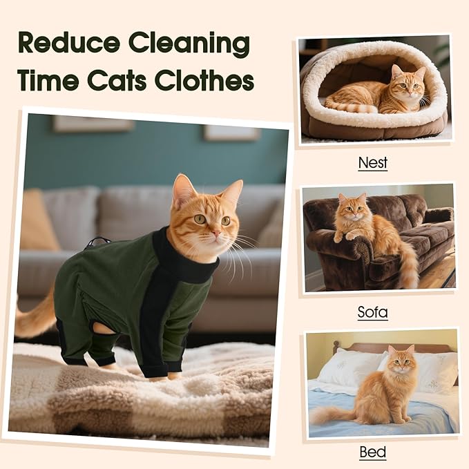 DENTRUN Cat Clothes with Anti-Shedding Fabric - Soft Recovery Suit & Breathable Lint-Resistant Cat Sweater for Wound Care & Hair Control, Kitten Onesie Pajamas, XXL, Army Green