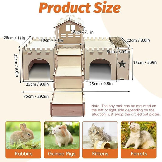 PINVNBY Extra Large Bunny Castle Hideout with Hay Feeder, Wooden Rabbit House Hide Climbing Detachable Indoor Wood Hideaway Castle Tower Tunnel for Rabbit Guinea Pig Hamster Chinchilla Ferret
