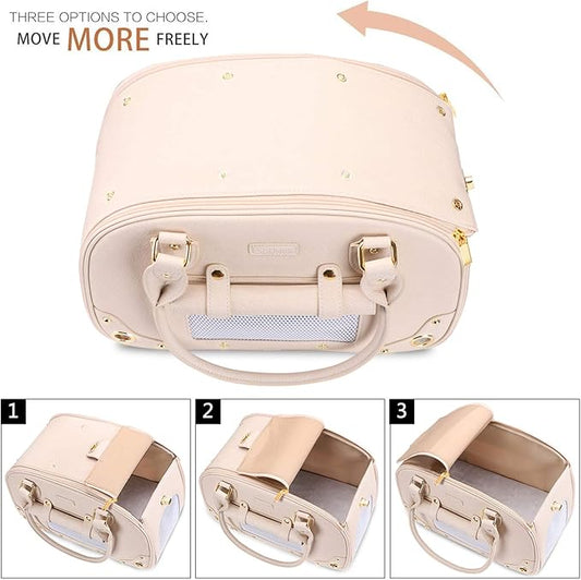 PetsHome Dog Carrier Purse, Pet Carrier, Cat Carrier, Foldable Waterproof Premium Leather Pet Travel Portable Bag Carrier for Cat and Small Dog Home & Outdoor Beige