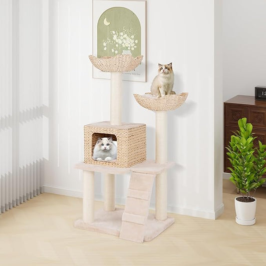 Tangkula Modern Cat Tree, 48 Inch Multi-Level Cat Tower with Sisal Scratching Posts, Cattail Fluff Condo & 2 Perches and Climbing Ladder, Aesthetic Cat Tree with Washable Cushions for Indoor Cats