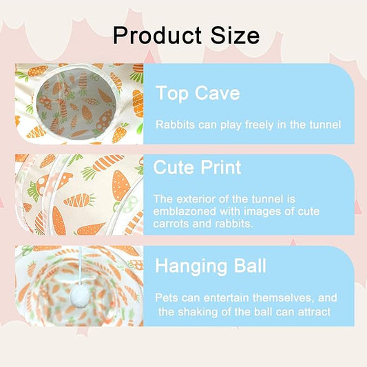 LUCKITTY Rabbit Tunnel Toy, Collapsible 3-Way Hideout Tunnel with Chew Toys for Rabbits, Guinea Pigs, Ferrets, Kittens & Small Pets - Orange & White Carrot Design (33"x20"x9.5")