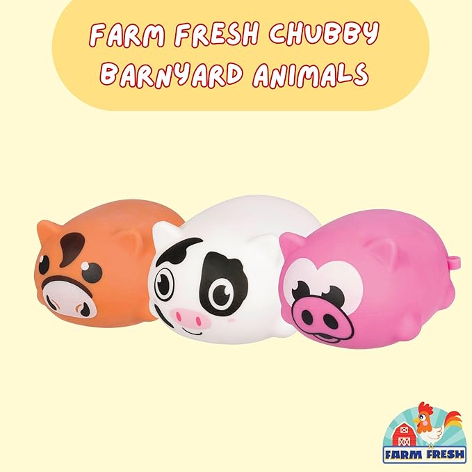 Farm Fresh Chubby Barnyard Animals – 3-Pack Squeeze Fidget Toys for Kids Ages 3+ – Soft Foam Stress Relief Figures – Includes Pig, Cow & Horse – Mini Animal Toys for Travel, Party Bags, Gift Ideas