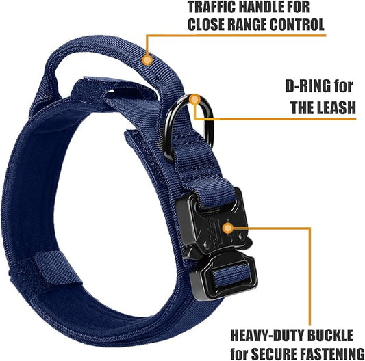 Tactical Dog Collar Military Dog Collar Adjustable Nylon Dog Collar Heavy Duty Metal Buckle with Handle for Dog Training,with Patches (Blue, L)
