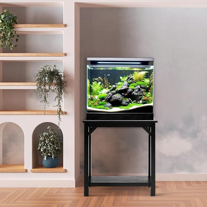 Solid Wood 10-20 Gallon Fish Tank Stand Heavy Duty Aquarium Terrarium Stand for Home Office Fish Tank Shelf Table, Black, 25.5 x 14 x 24.4 Inch