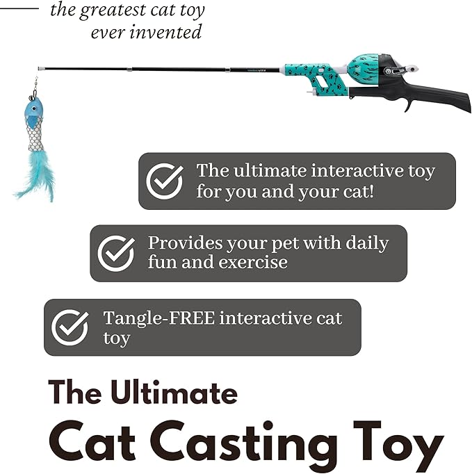 Cat Caster Fishing Pole Toy | Tangle Free & Easy to Store. Includes Two Interchangeable Teaser Toys | The Ultimate Gift for Kitty Lovers, Fish Bone
