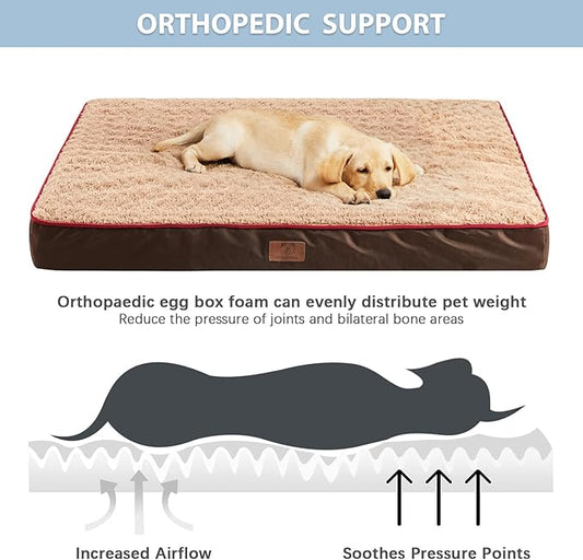 WNPETHOME Orthopedic Large Dog Bed, Extra Large Waterproof Dog Bed with Removable Washable Cover & Anti-Slip Bottom,Egg Crate Foam Pet Bed Mat,Soft Rose Plush Pet Crate Mat
