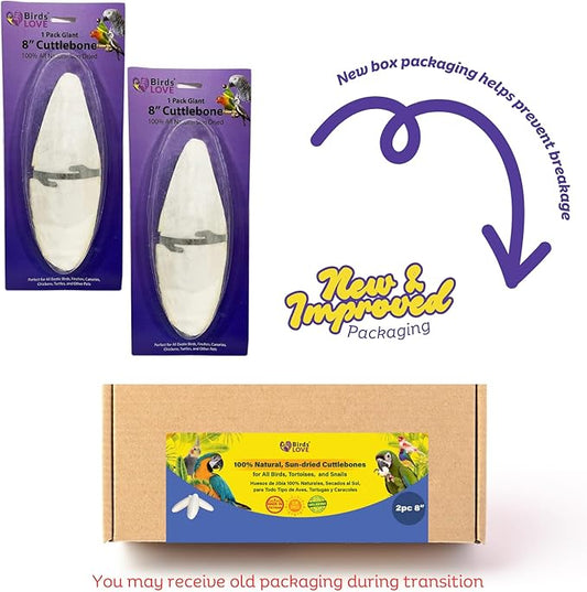 Birds LOVE 2 pc 7.5–8″ Sun-Dried Natural Cuttlebone Kit | 100 % Pure Calcium Supplement for Birds, Tortoises, Snails & Crabs | Beak & Shell Health with Metal Holder