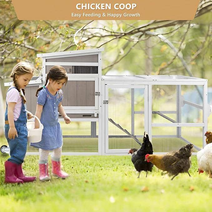 Chicken Coop with Run, Mobile Hen House with Wheels, Indoor/Outdoor Rabbit Hutch, Predator-Resistant, Nesting Box, 3 Perches, Tray, Combinable Design, for Chickens and Bunnies, Grey
