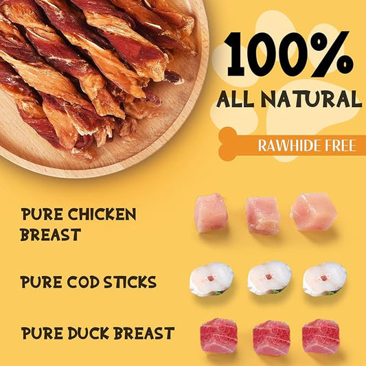 ASMPET Dog Treats Chews, Triple Flavor Chicken Duck and Cod Twisted Jerky Sticks for Small Medium Large Dogs 10.6 oz