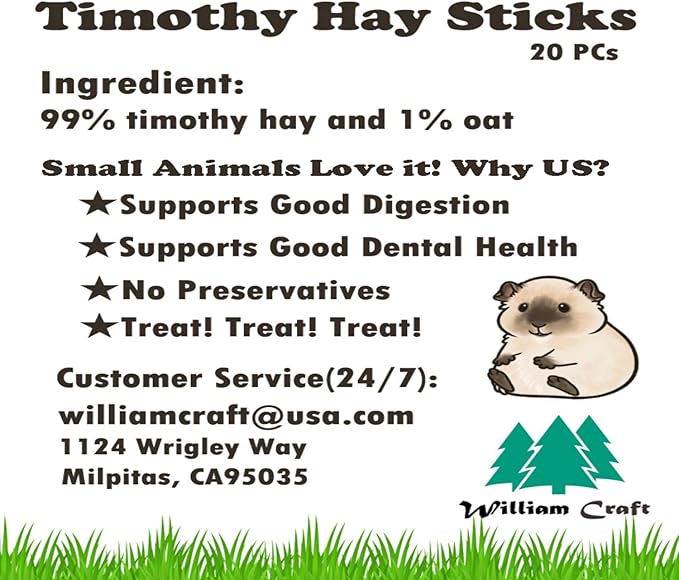 William Craft Timothy Hay Sticks for Guinea Pig Chinchillas Pet Snacks Chew Treats for Rabbit Hamsters Squirrel and Other Small Animals 20PCS