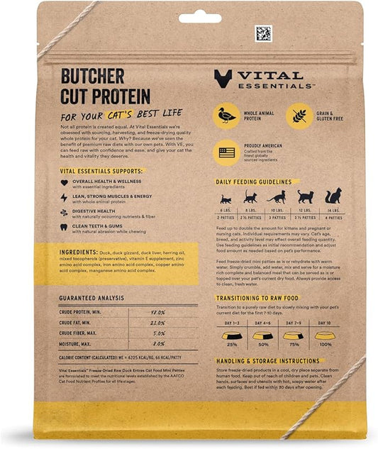 Vital Essentials Freeze-Dried Raw Cat Food, Duck Mini Patties, 15 oz