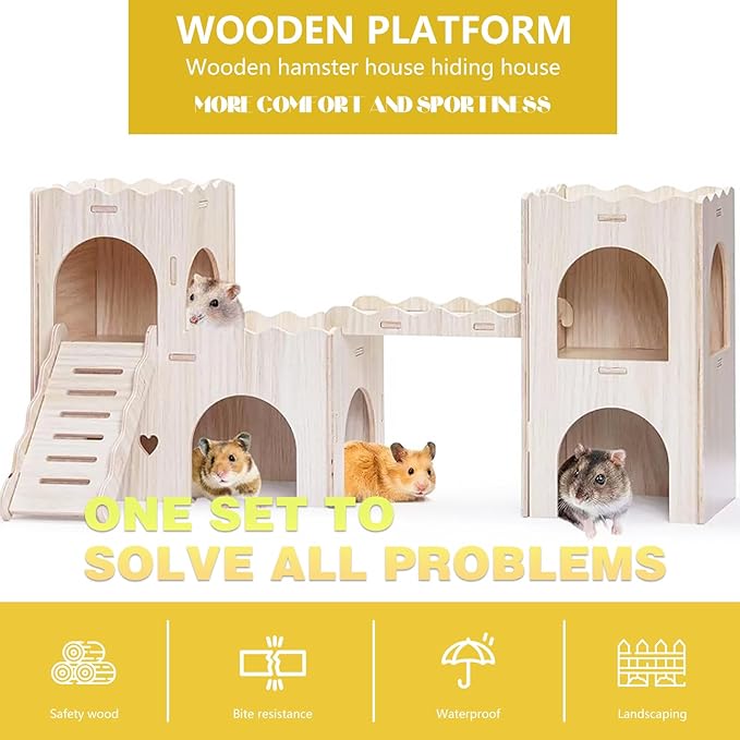 Large Wooden Hamster House Castle with Double Decker,Large Hamster, Wooden Houses,Dwarf Habitat Hideout with Climbing Ladder, Guinea Pig Castle Detachable Hideouts(B)