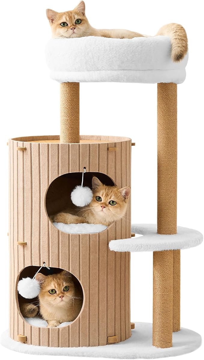 Modern Cat Tree for Indoor Cats Large Adult, 36in H Cat Condo Tower with Scratching Posts, Cozy Cat Bed Cave, Washable Cushions, Dangling Balls, Play&Nap Cat House for All Breeds of Cats, Brown