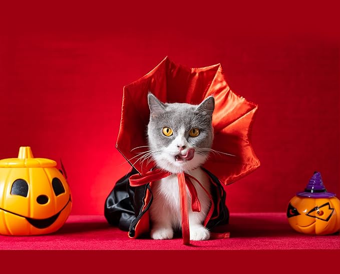 Halloween Cat Costume Vampire Cloak, Adjustable Red and Black Pet Cape with Vampire Accessories, Small Cats Dogs and Other Pets Halloween Parties and Pet Cosplay.