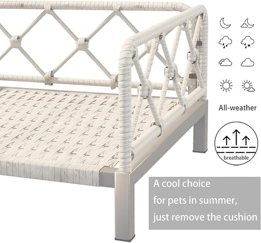 Wicker Dog Bed with 2" Cushion,Rattan Dog Sofa Bed for Small Medium Dogs– Indoor/Outdoor Metal Frame Pet Bed up 66lbs (Grey Rattan Grey Cushion)