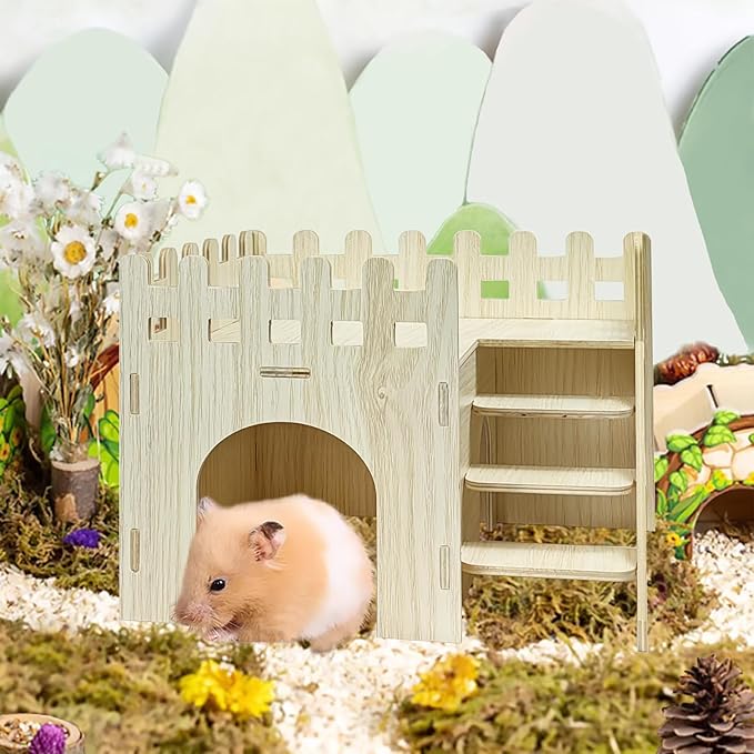Wood Hamster Hideout House Habitat Wooden Maze Hide Hut with Platform Cage Accessories Toys for Syrian Dwarf Gerbils Mouse Mice Rat Other Small Animals etc. (03 Palisade House)