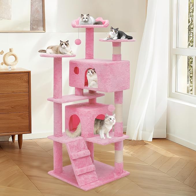 MoNiBloom 54 Inch Cat Tree Tower for Indoor Cats Large Adults, Pink Cat Tower with Scratching Post, Multi-Level Furniture Activity Center with Cat Condo Pet Play House, Soft Pink