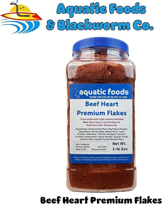 Aquatic Foods Inc. Premium Beef Heart Flakes for Discus, Cichlids, Carnivore Tropical Fish Also Pellet Mix, Wafer Mix Included…1-lb 2oz Jar