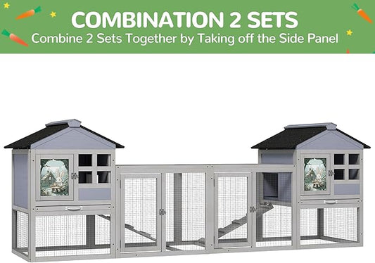 48" L Rabbit Cage Bunny Hutch Outdoor Indoor, Expandable 2-Story Large Wooden Small Animal Cage with Run, Removale Tray, Top-Opening Waterproof Roof, 2 Doors, DIY Drawing Board, Grey
