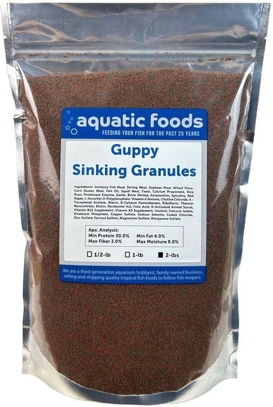 Aquatic Foods Inc. Guppy Micro Sinking Granules, Color Enhancing and Spirulina Mix for Guppies, Tetras, All Baby Cichlids...WL…2-lbs Foil Pouch Bag