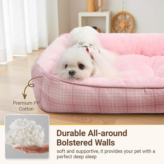 MIHIKK Rectangle Dog Beds for Small Medium Dogs & Cats, Orthopedic Sleeping Pet Bed for Couch with Durable Puppy Cuddler and Anti-Slip Bottom Machine Washable 25 * 21 Inch (Pink)