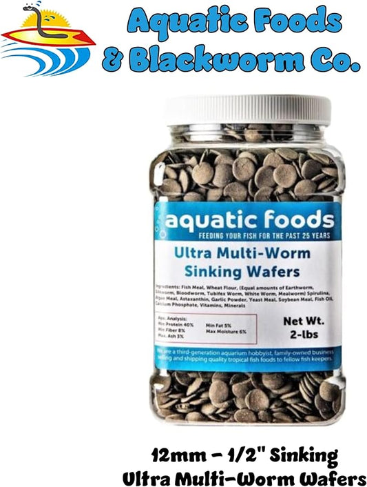 Aquatic Foods Inc. Ultra Multi-Worm 12mm - 1/2" Small Sinking Wafers for Bottom Fish, Shrimp, Snails, Crabs, Crayfish, All Tropical Fish...2-lb Med Jar