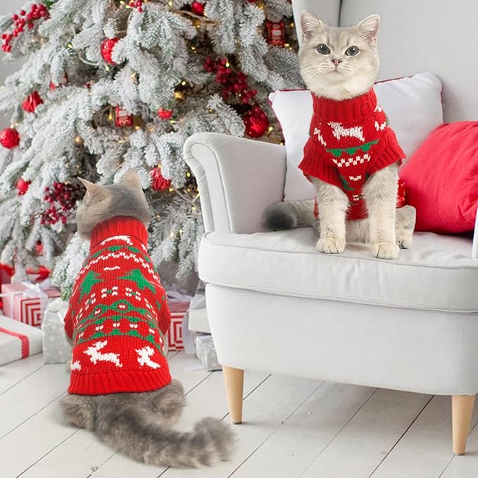 KOOLTAIL Cat Sweater Turtleneck- Soft Knit Cat Christmas Sweaters for Cats Only, Elk Christmas Tree Pattern Thick Warm Cold Weather Pet Clothes Outfit for Small Medium Large Size Kitten Puppy Red L