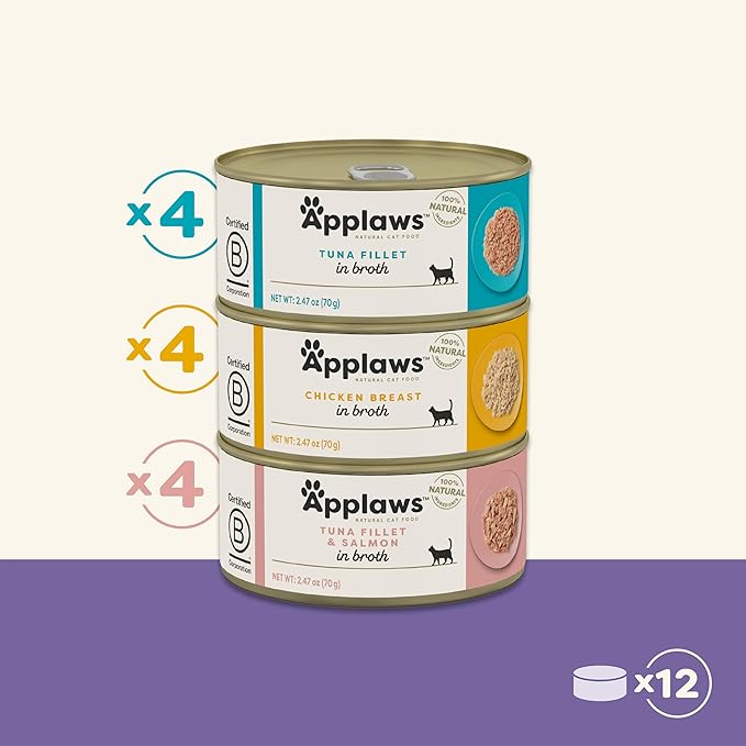 Applaws Natural Wet Canned Cat Food, Limited and Natural Ingreidents, High Protein with No Artificial Additives, Variety Pack in Broth (12 x 2.47oz Cans)