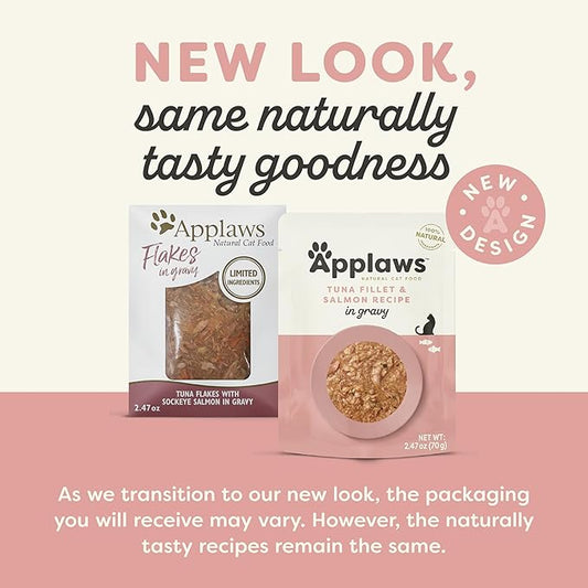 Applaws Natural Wet Cat Food in Gravy, Limited and Natural Ingredients, High Protein with No Artificial Additives, Tuna with Salmon in Gravy (12 x 2.47oz Pouches)