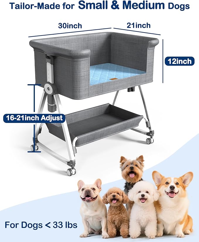 Bedside Dog Bed, 6-Height Adjustable Elevated Dog Bed for Small & Medium Puppy, Extension for Human Bed, Pet Bassinet with Removable & Washable Cover, Dogs Couch with Sides (30" L x 21" W)