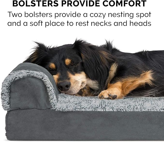 Furhaven Orthopedic Dog Bed for Large/Medium Dogs w/ Removable Bolsters & Washable Cover, For Dogs Up to 55 lbs - Two-Tone Plush Faux Fur & Suede L Shaped Chaise - Stone Gray, Large