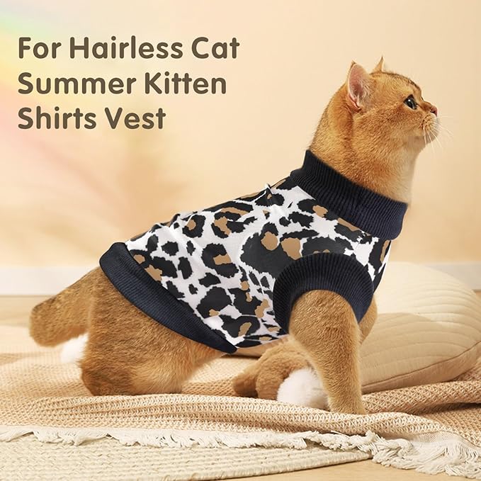 Idepet Cat Clothes Kitten Sweater Soft Kitten Shirt Cute Leopard Print Kitty Vest Pullover Pajamas Jumpsuit Cotton Apparel for Hairless Cats &Puppy (White,XS)
