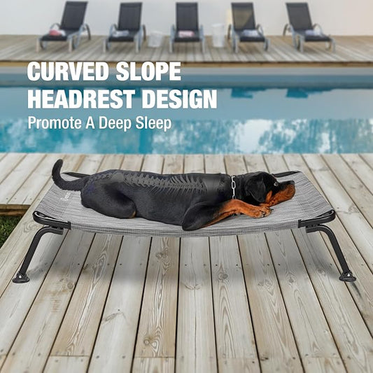 Veehoo Outdoor Elevated Dog Bed, Cooling Raised Dog Cots Beds for Large Dogs, Portable Waterproof Curved Dogs Hammock Bed for Outside, up to 120lbs, Black Legs, Black Silver 42"