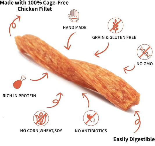 Chicken Dog Chew Twist Sticks, Puffed Human Grade Chicken Dog Treat Sticks, Rawhide Alternative, Easy to Digest 20pcs/Pack
