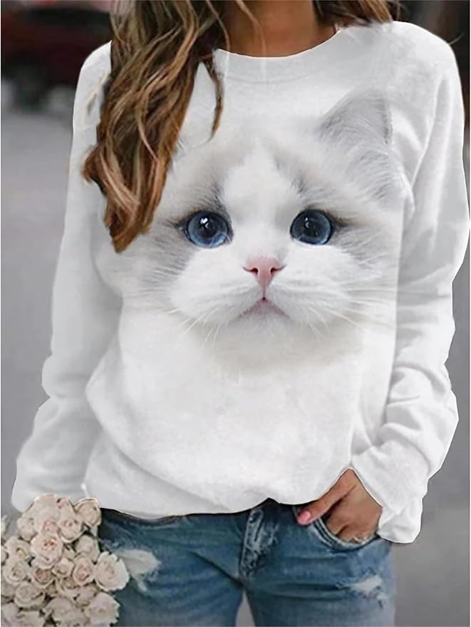 IVERIRMIN Women's 3D Cute Cat Print Sweatshirt Casual Long Sleeve Crewneck Cute Cat Pullover Loose Fit Shirts