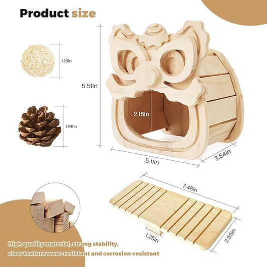 Guinea Pig Hideout, Wooden Hamster Hideout, Natural Wood Hamster House, Solid Wood Small Pet Shelter, Safe & Simple for Rat Gerbils and Other Small Pets(Waking Lion)