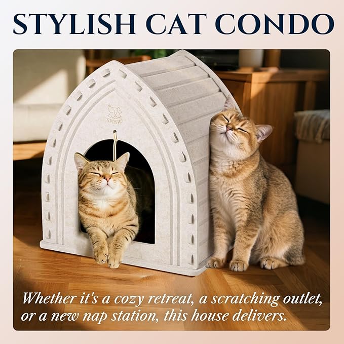 Apasiri Thermal Insulatef Cat Bed Cave for Indoor Cats: Felt Cat Scratcher House, Enclosed Cat Bed, Cat Shelter for Anxious Cats, Private Kitten Condo, Cat Hut No-Tool Assembly, 11.6x11.6x13.8 Inches