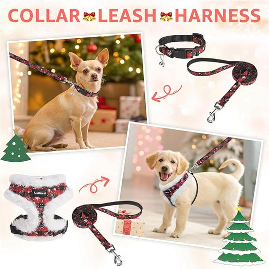 SCENEREAL Dog Christmas Harness Collar and Leash Set, Warm Fleece No Pull Puppy Vest Harnesses No Chock Adjustible Step in Small Pet Halter for Outdoor Walking Training, Black Red Plaid S