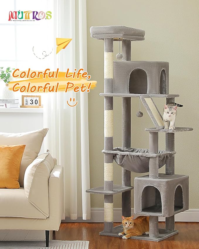 71" Tall Cat Tree for Large Cat 20 lbs with Super Large Hammock, Heavy Duty Cat Tower with 4 Sisal Scratching Posts & 2 Spacious Condos for Big Adult Cats Maine Coon-Grey