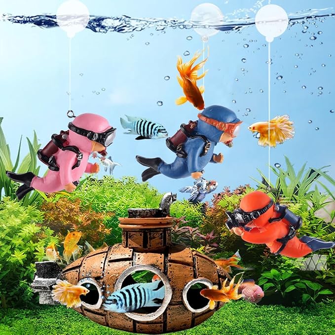 2-Pack Tank Decorations, Cute Little Diver, Aquarium Decoration Accessories Ornaments with Float Ball, Playmate for Tank Suitable for All Kinds of Fish and Tanks (Green)