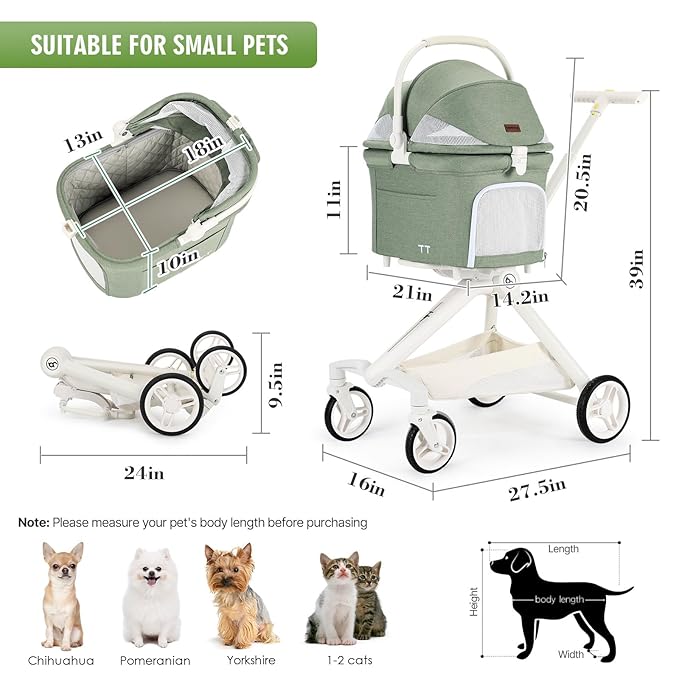 TT Lightweight Pet Stroller for Small Dog&Cat,One-Hand-Fold Pet Travel Stroller with Canopy and Cup Holder, 4-Way Convertible Carrier.Green