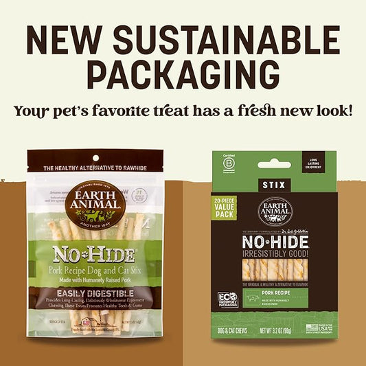 Earth Animal No-Hide Stix Pork Recipe Natural Rawhide Alternative Dog & Cat Chews - 80 Count Extra Value Pack