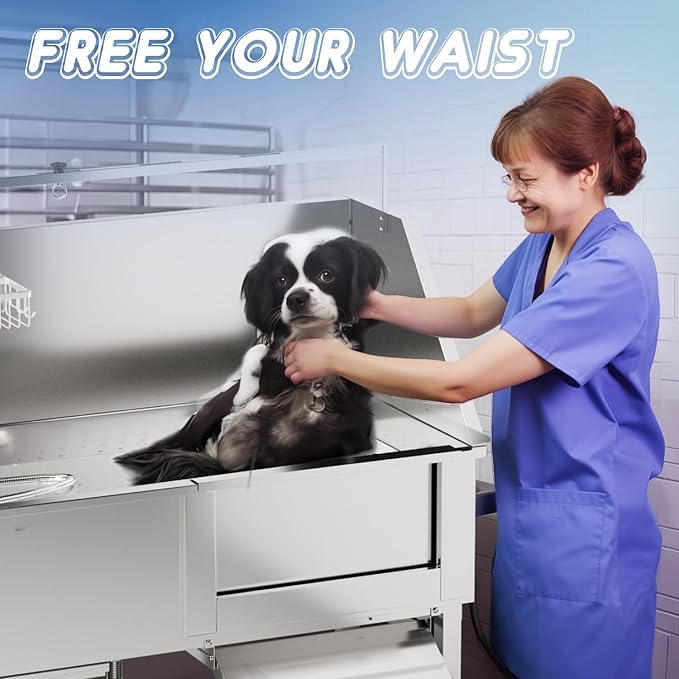 Dog Washing Station for Home,Professional 46" Stainless Steel Dog Bathing Station Height Adjustable Dog Wash Station Dog Grooming Tub Stair, Drawer, Floor Grate & Fauct (Right Stair)